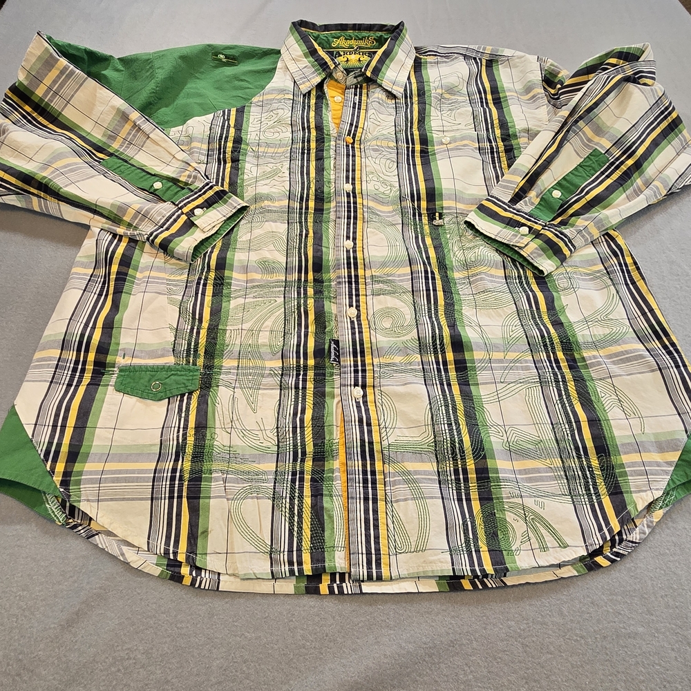 Akademiks Plaid‎ Button Down Shirt Men’s 2XL Green Yellow Graphic Cotton